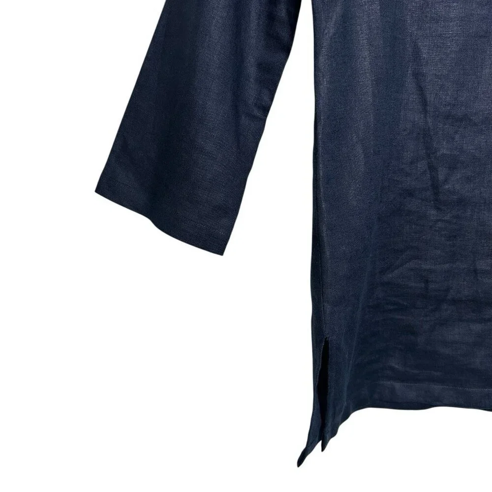 Michael Kors Small Navy 100% Linen Tunic Shirt Embellished Top 3/4 Sleeve Office - Picture 5 of 10